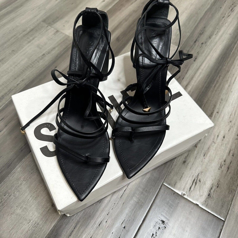 Schutz Leaf Strappy Lace Up Heels Women's Black Gold Detail Size 10 EUC - Picture 2 of 10